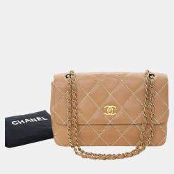 Pre Owned Chanel Brown Medium CC Quilted Calfskin Wild Stitch Flap