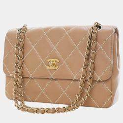 Pre Owned Chanel Brown Medium CC Quilted Calfskin Wild Stitch Flap