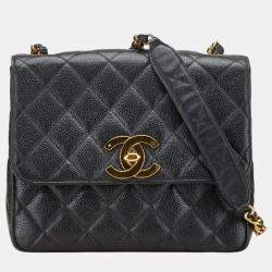 Pre Owned حقيبة كتف سلسلة شانيل كوكو مارك ماتلاسي جلد عجل كافيار أسود