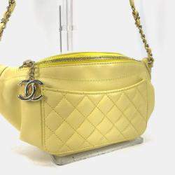 Pre Owned Chanel Chain Belt Bag/Waist Pouch With Cc Coco Mark Crossbody Quilted Matelasse Design Lambskin Yellow
