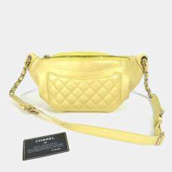 Pre Owned Chanel Chain Belt Bag/Waist Pouch With Cc Coco Mark Crossbody Quilted Matelasse Design Lambskin Yellow