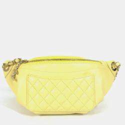 Pre Owned Chanel Chain Belt Bag/Waist Pouch With Cc Coco Mark Crossbody Quilted Matelasse Design Lambskin Yellow