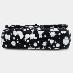 Pre Owned حقيبة شانيلا غطاء مزدوج تويد شيفرون أبيض/أسود بقع طلاء متوسطة