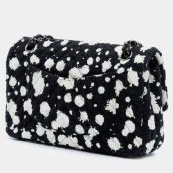 Pre Owned حقيبة شانيلا غطاء مزدوج تويد شيفرون أبيض/أسود بقع طلاء متوسطة