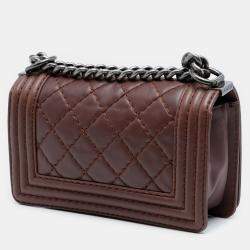 Pre Owned Chanel Brown Small Quilted Lambskin Wild Stitch Boy Flap