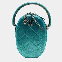 Pre Owned Chanel Blue Quilted Metallic Caviar Rainbow Hardware Oval Camera Bag