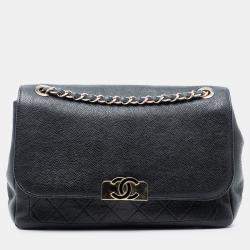 مملوكة مسبقًا Chanel Black Quilted Caviar CC Plate Flap Pocket Shoulder Bag