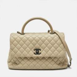 Pre Owned Chanel Coco Handle Beige Medium Caviar Quilted Leather Top Handle Bag