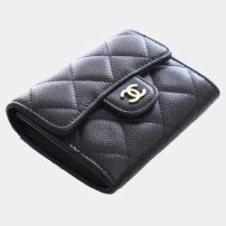 مملوكة مسبقًا حامل بطاقات شانيل كافيار مبطن CC أسود بسلسلة على الكتف