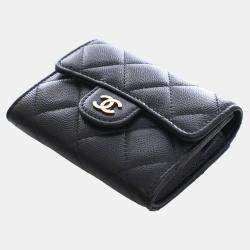 مملوكة مسبقًا حامل بطاقات شانيل كافيار مبطن CC أسود بسلسلة على الكتف