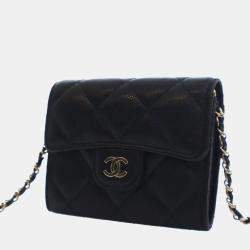 مملوكة مسبقًا حامل بطاقات شانيل كافيار مبطن CC أسود بسلسلة على الكتف