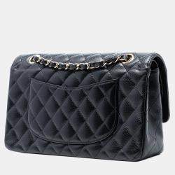 Pre Owned حقيبة رفرف مزدوجة شانيل سوداء جلد عجل كلاسيكية متوسطة