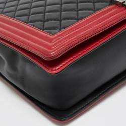 Pre Owned حقيبة شانيل بوي لارج قلاب جلد مبطن أسود/أحمر