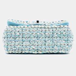 Pre Owned حقيبة شانيل كلاسيكية مستطيلة صغيرة توييد مضفرة فلاب واحدة زرقاء