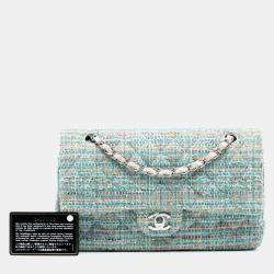 Pre Owned حقيبة شانيل زرقاء تويد كلاسيكية متوسطة طية مزدوجة