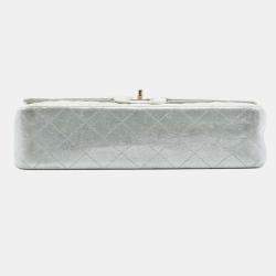 Pre Owned Chanel Silver Medium Classic Iridescent Lambskin Double Flap