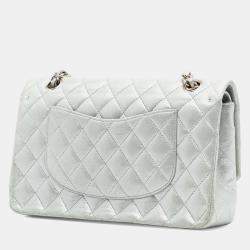 Pre Owned Chanel Silver Medium Classic Iridescent Lambskin Double Flap