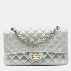 Pre Owned Chanel Silver Medium Classic Iridescent Lambskin Double Flap