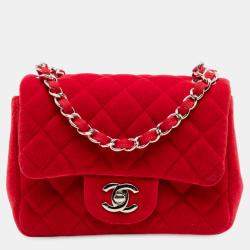 Pre Owned Chanel Red Mini Square Classic Velvet Single Flap