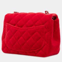 Pre Owned Chanel Red Mini Square Classic Velvet Single Flap