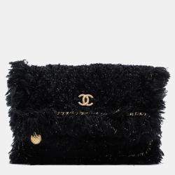 Pre Owned Chanel Black Paris Cosmopolite Tweed Fringe Clutch