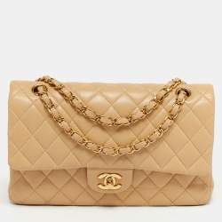 مملوكة مسبقًا Chanel Classic Double Flap Medium Beige Quilted Leather Shoulder Bag
