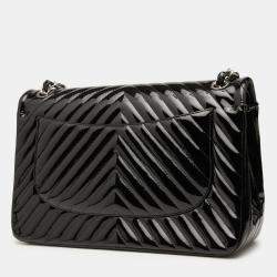 Pre Owned Chanel Black Jumbo Classic Chevron Patent Double Flap