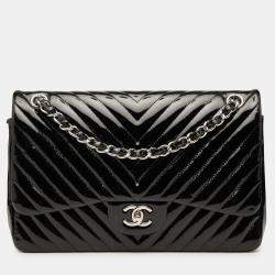 Pre Owned Chanel Black Jumbo Classic Chevron Patent Double Flap