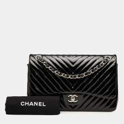 Pre Owned Chanel Black Jumbo Classic Chevron Patent Double Flap