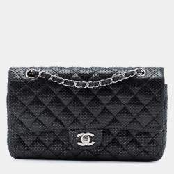 Pre Owned Chanel Black Medium Classic Perforated Lambskin Double Flap