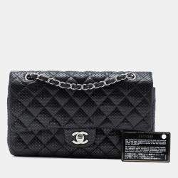 Pre Owned Chanel Black Medium Classic Perforated Lambskin Double Flap