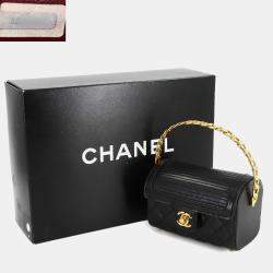 Pre Owned حقيبة شانيل فانتي جلد الحمل مبطن أسود بغطاء علوي ومقبض
