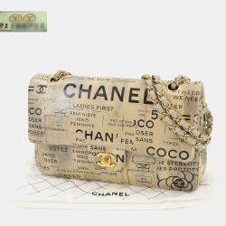 Pre Owned Chanel Newspaper Print Beige Leather Chain Shoulder Bag