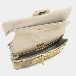 Pre Owned Chanel Newspaper Print Beige Leather Chain Shoulder Bag