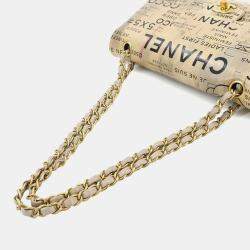 Pre Owned Chanel Newspaper Print Beige Leather Chain Shoulder Bag