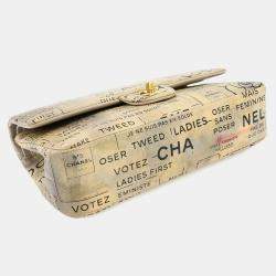 Pre Owned Chanel Newspaper Print Beige Leather Chain Shoulder Bag