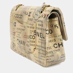 Pre Owned Chanel Newspaper Print Beige Leather Chain Shoulder Bag