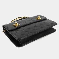 Pre Owned Chanel Double CC Turn Lock Cambon Charm Small Black Quilted Lambskin Shoulder Bag