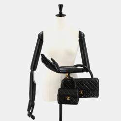Pre Owned Chanel Vintage Twin Flap Set Black Leather Handbags