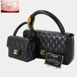 Pre Owned Chanel Vintage Twin Flap Set Black Leather Handbags