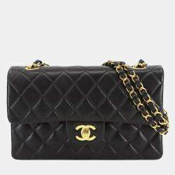 Pre Owned Chanel Vintage Twin Flap Set Black Leather Handbags