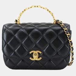 Pre Owned Chanel Matelasse Top Handle Bag 2-Way Hand Chain Shoulder Bag In Black Lambskin