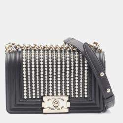 Pre Owned Chanel Boy Chanel Small Shoulder Bag In Lambskin With Faux Pearls Black And Ivory