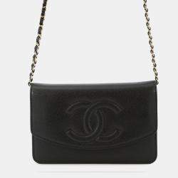 Pre Owned Chanel Chain Wallet With Coco Mark And Caviar Skin Black