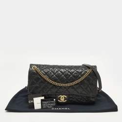Pre Owned Chanel Easy Flap Black Quilted Caviar Aged Leather Bag