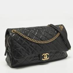 Pre Owned Chanel Easy Flap Black Quilted Caviar Aged Leather Bag