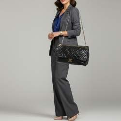 Pre Owned Chanel Easy Flap Black Quilted Caviar Aged Leather Bag