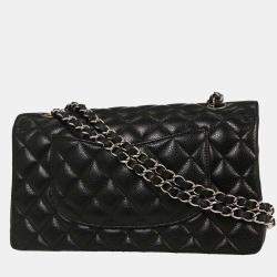 مملوكة مسبقًا حقيبة كتف شانيل كلاسيكية قلاب مزدوج سوداء جلد عجل متوسطة