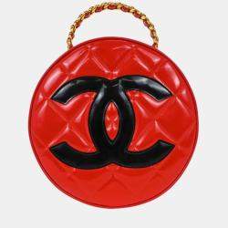 Pre Owned Chanel Red Patent Leather Round Vanity Handbag