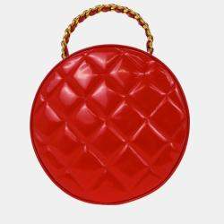 Pre Owned Chanel Red Patent Leather Round Vanity Handbag